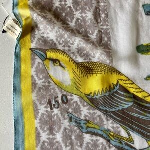 NWT Beautiful Bird Lover’s Scarf White Canary Yellow Pale Blue Light Grey Tan